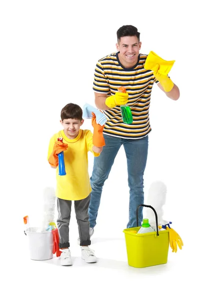 Father Son Cleaning Supplies White Background — Stock Photo, Image