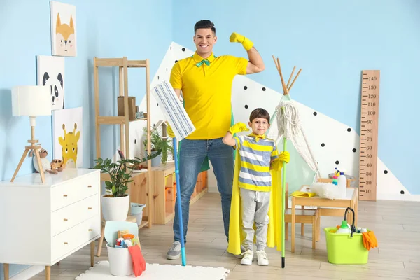 Father Son Cleaning Supplies Having Fun Home — Stock Photo, Image