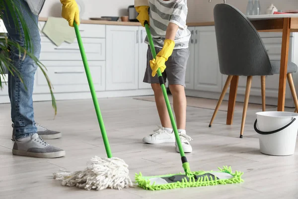 Father Son Mopping Floor Kitchen — Stock Photo, Image