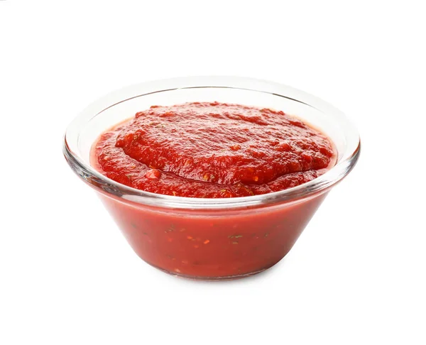 Bol Verre Sauce Tomate Savoureuse Sur Fond Blanc — Photo