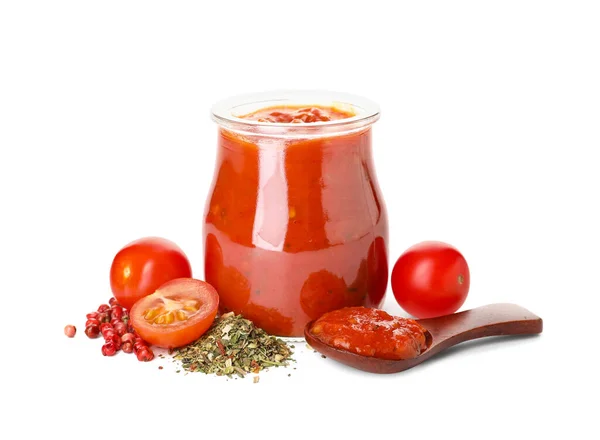 Glass Jar Tasty Tomato Sauce Spices White Background — Stock Photo, Image