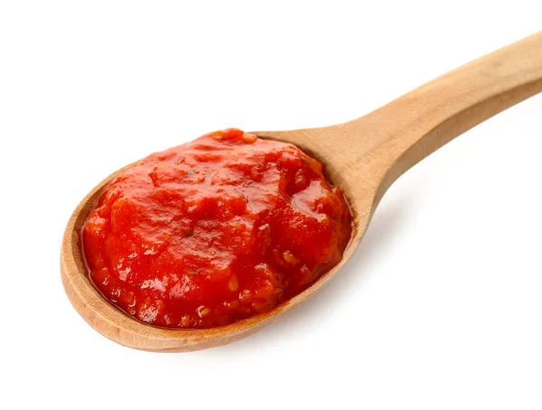 Cuillère Avec Sauce Tomate Savoureuse Sur Fond Blanc — Photo