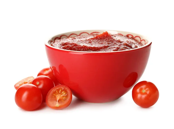 Bowl Tasty Tomato Sauce White Background — Stock Photo, Image