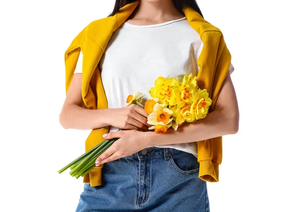 Beautiful Young Woman Narcissus Bouquet White Background — Stock Photo, Image