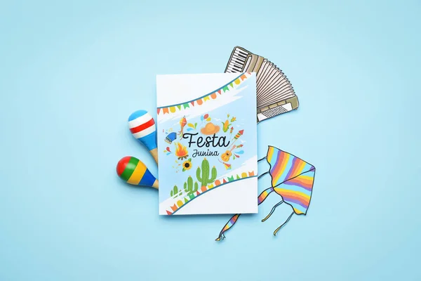 Вітальна Листівка Декор Festa Junina Червневий Фестиваль Кольоровому Тлі — стокове фото