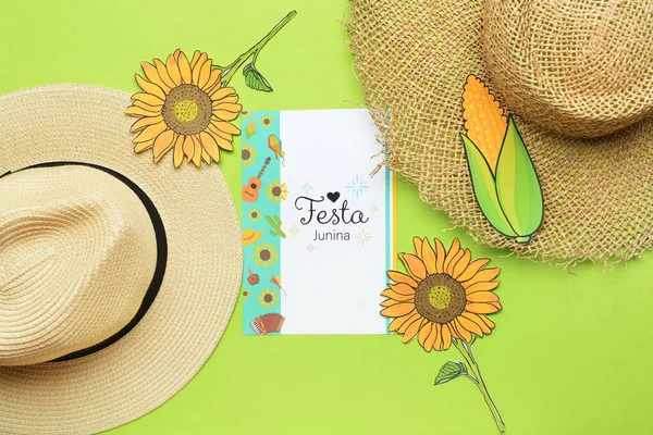 色の背景にフェスタ十二菜 6月祭 のグリーティングカードと装飾 — ストック写真