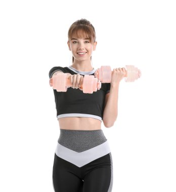 Beyaz arka planda dambılları olan genç bir bayan.