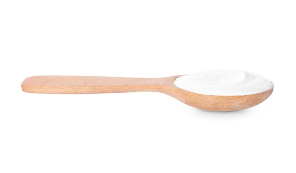 Spoon Tasty Yogurt White Background — Stock Photo, Image