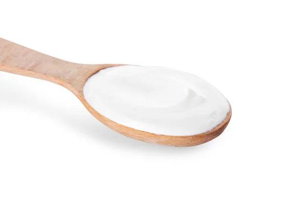 Spoon Tasty Yogurt White Background — Stock Photo, Image