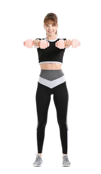 Sporty Young Woman Dumbbells White Background — Stock Photo, Image