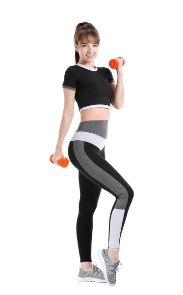 Sporty Young Woman Dumbbells White Background — Stock Photo, Image