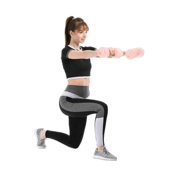 Sporty Young Woman Training Dumbbells White Background — Stock Photo, Image