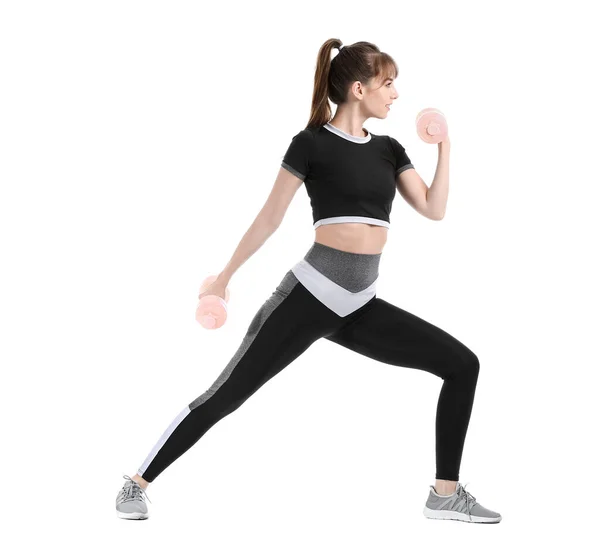 Mujer Joven Deportiva Entrenando Con Pesas Sobre Fondo Blanco — Foto de Stock