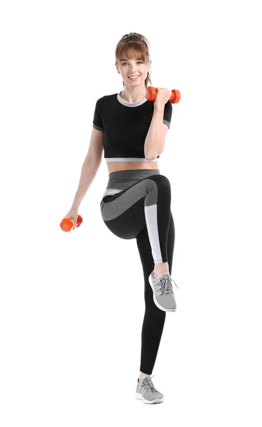 Sporty Young Woman Training Dumbbells White Background — Stock Photo, Image