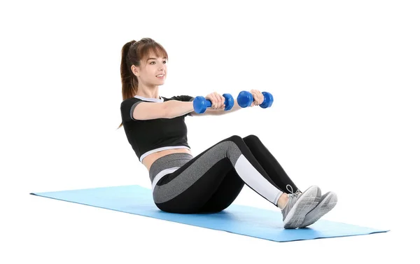 Mujer Joven Deportiva Entrenando Con Pesas Sobre Fondo Blanco — Foto de Stock