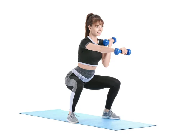 Sporty Young Woman Training Dumbbells White Background — Stock Photo, Image