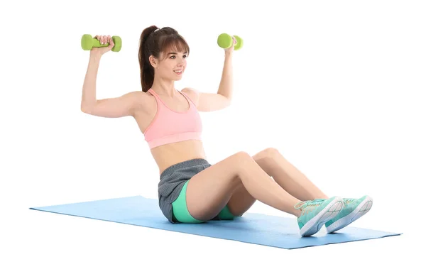 Sporty Young Woman Training Dumbbells White Background — Stock Photo, Image
