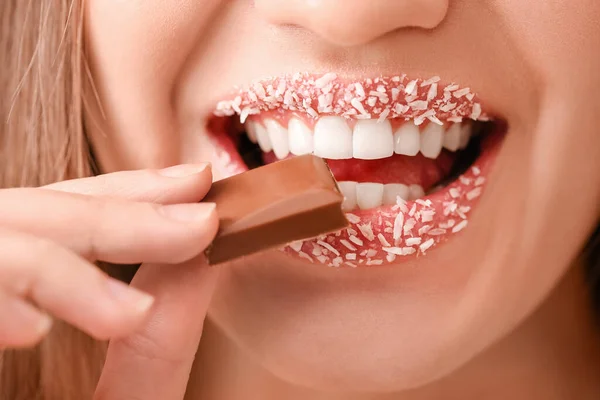 Beautiful Young Woman Creative Makeup Sweet Chocolate Closeup — Stock Photo, Image