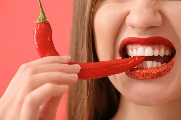 Sexy Young Woman Chili Pepper Color Background Closeup — Stock Photo, Image