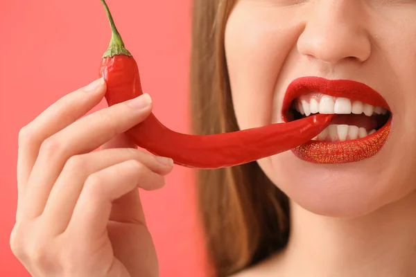 Sexy Young Woman Chili Pepper Color Background Closeup — Stock Photo, Image