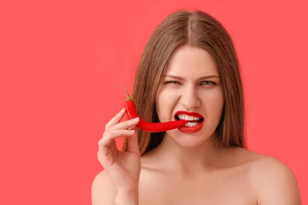 Sexy Young Woman Chili Pepper Color Background — Stock Photo, Image