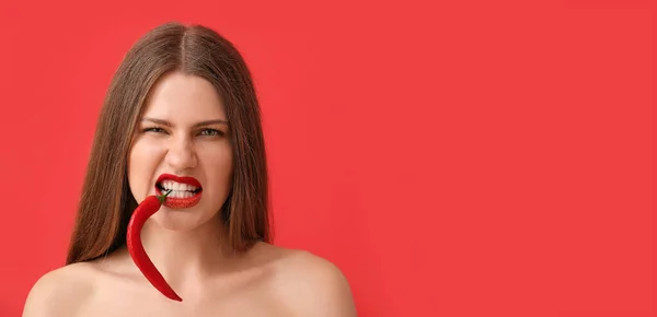 Sexy Young Woman Chili Pepper Color Background — Stock Photo, Image
