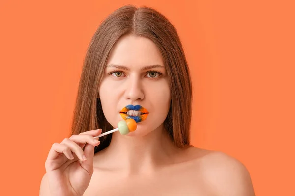 Beautiful Young Woman Creative Makeup Lollipop Color Background — Stock Photo, Image