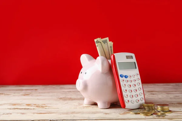 Calculator Piggy Bank Money Color Wooden Background — Stock Photo, Image