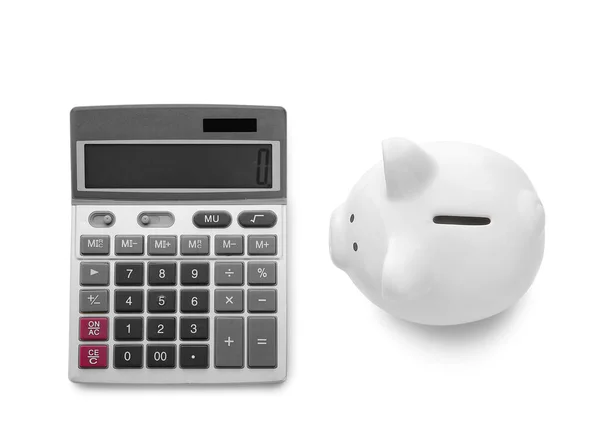 Calculator Piggy Bank White Background — Stock Photo, Image