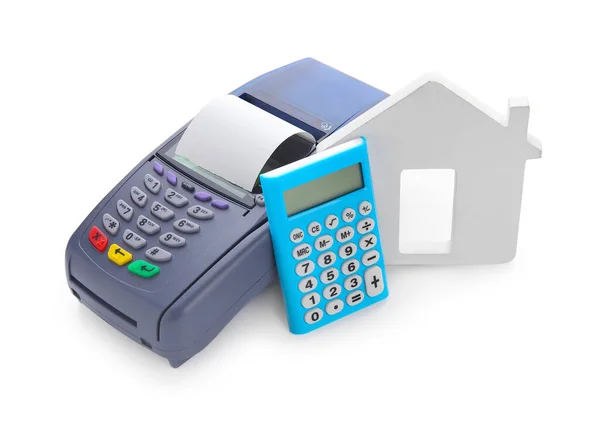 Calculator Payment Terminal House Figure White Background — Stock Photo, Image