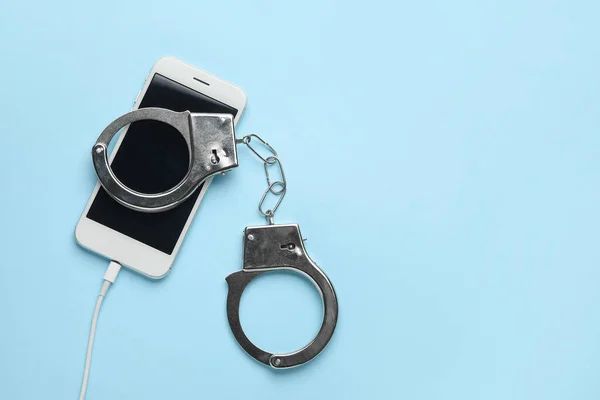 Mobile Phone Handcuffs Color Background Concept Addiction Gadget — Stock Photo, Image