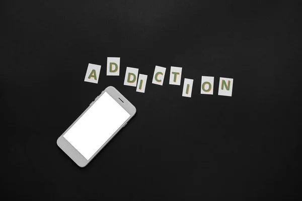 Mobiltelefon Szó Addiction Sötét Háttér — Stock Fotó