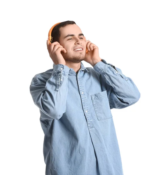 Handsome Man Listening Music White Background — Stock Photo, Image