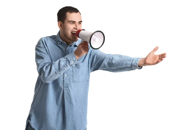 Handsome Man Shouting Megaphone White Background — Stock Photo, Image