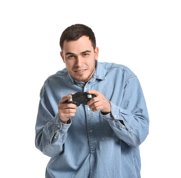 Handsome Young Man Playing Video Game White Background — Stock Photo, Image