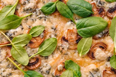 Arka plan olarak lezzetli vejetaryen pizzası, yakın plan.