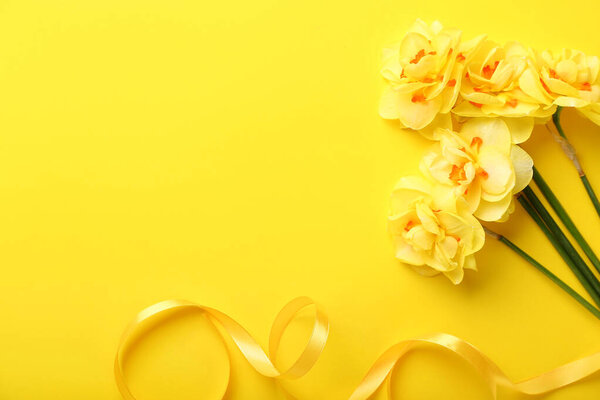 Bouquet of beautiful narcissus flowers and ribbon on color background