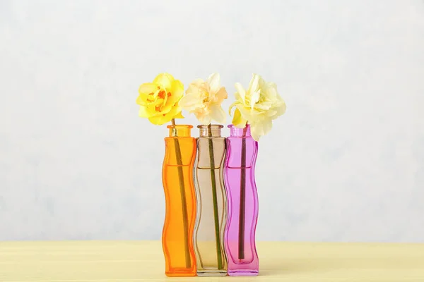 Vases Beautiful Narcissus Flowers Light Background — Stock Photo, Image