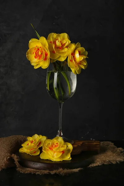Glas Met Mooie Narcissen Bloemen Donkere Achtergrond — Stockfoto