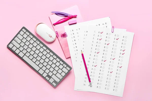 Answer Sheets Stationery Computer Keyboard Mouse Color Background — Stock Photo, Image