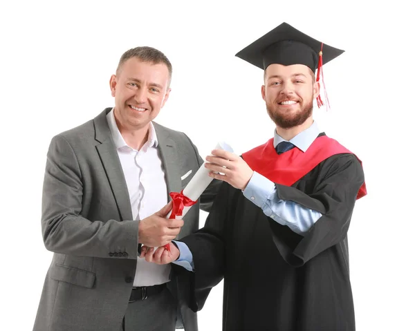 Gelukkig Man Afstuderen Student Met Zijn Vader Witte Achtergrond — Stockfoto