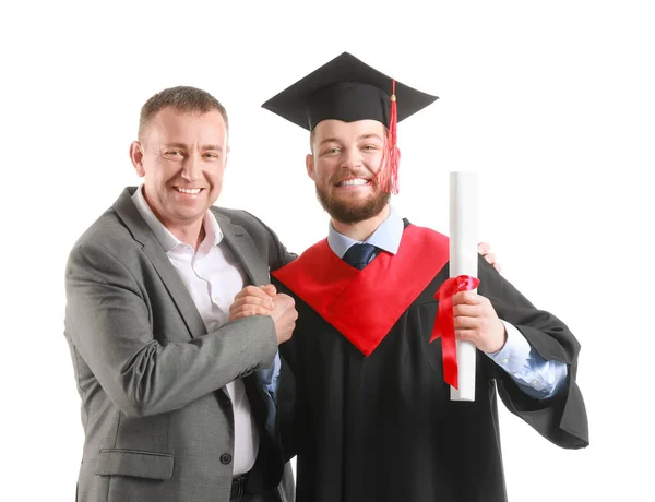 Gelukkig Man Afstuderen Student Met Zijn Vader Witte Achtergrond — Stockfoto