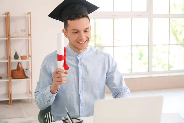 Happy Male Student His Graduation Day Home Concept Online Education — Stock Photo, Image