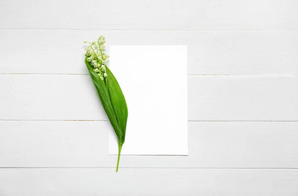 Beautiful Lily Valley Flowers Blank Card Light Wooden Background — Stock Photo, Image