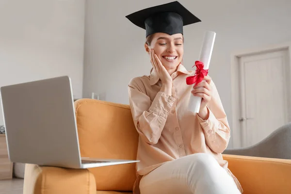 Happy Female Student Her Graduation Day Home Concept Studying Online — Stock Photo, Image