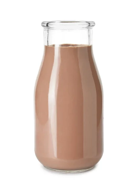 Μπουκάλι Νόστιμο Σοκολατούχο Γάλα Λευκό Φόντο — Φωτογραφία Αρχείου