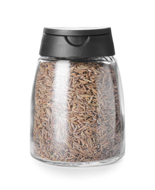 Beyaz arkaplanda kimyon olan kavanoz