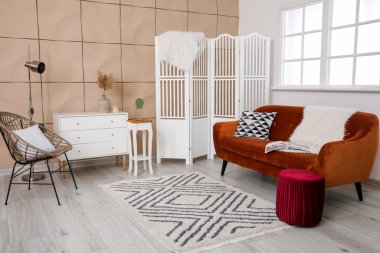 Rahat kanepesi olan şık bir oturma odası.