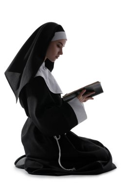 Beyaz arka planda İncil 'i olan genç dua eden rahibe.