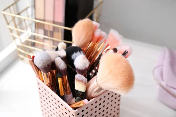 Set Makeup Brushes Holder Cosmetics Table Closeup — Stock Photo, Image